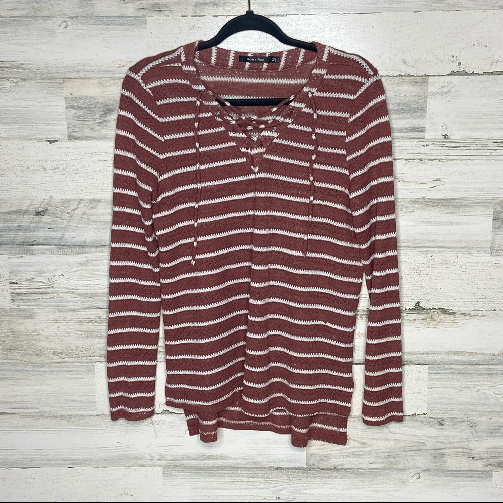 Doe & Rae Loose Knit Lace Up Lightweight Sweater